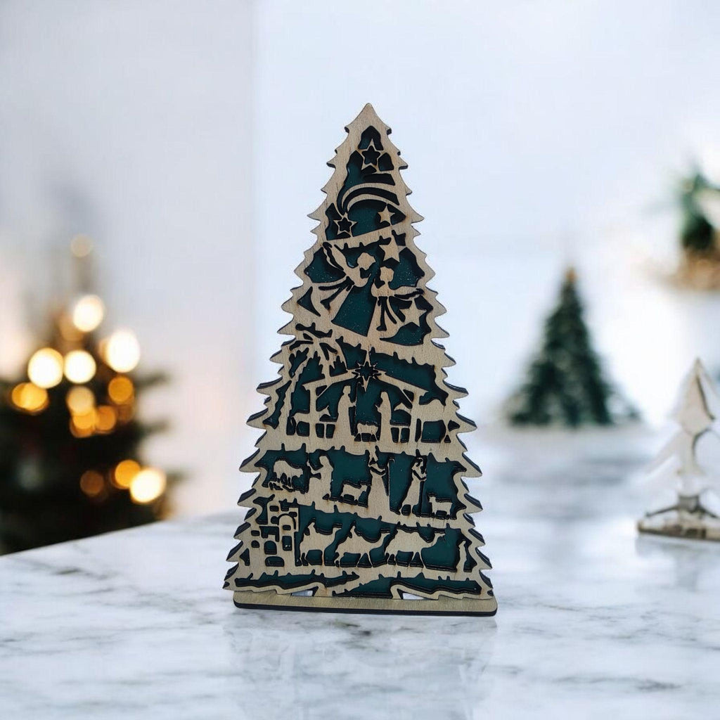 3D Wood Nativity Scene Christmas Tree Decor, Layered Laser Cut