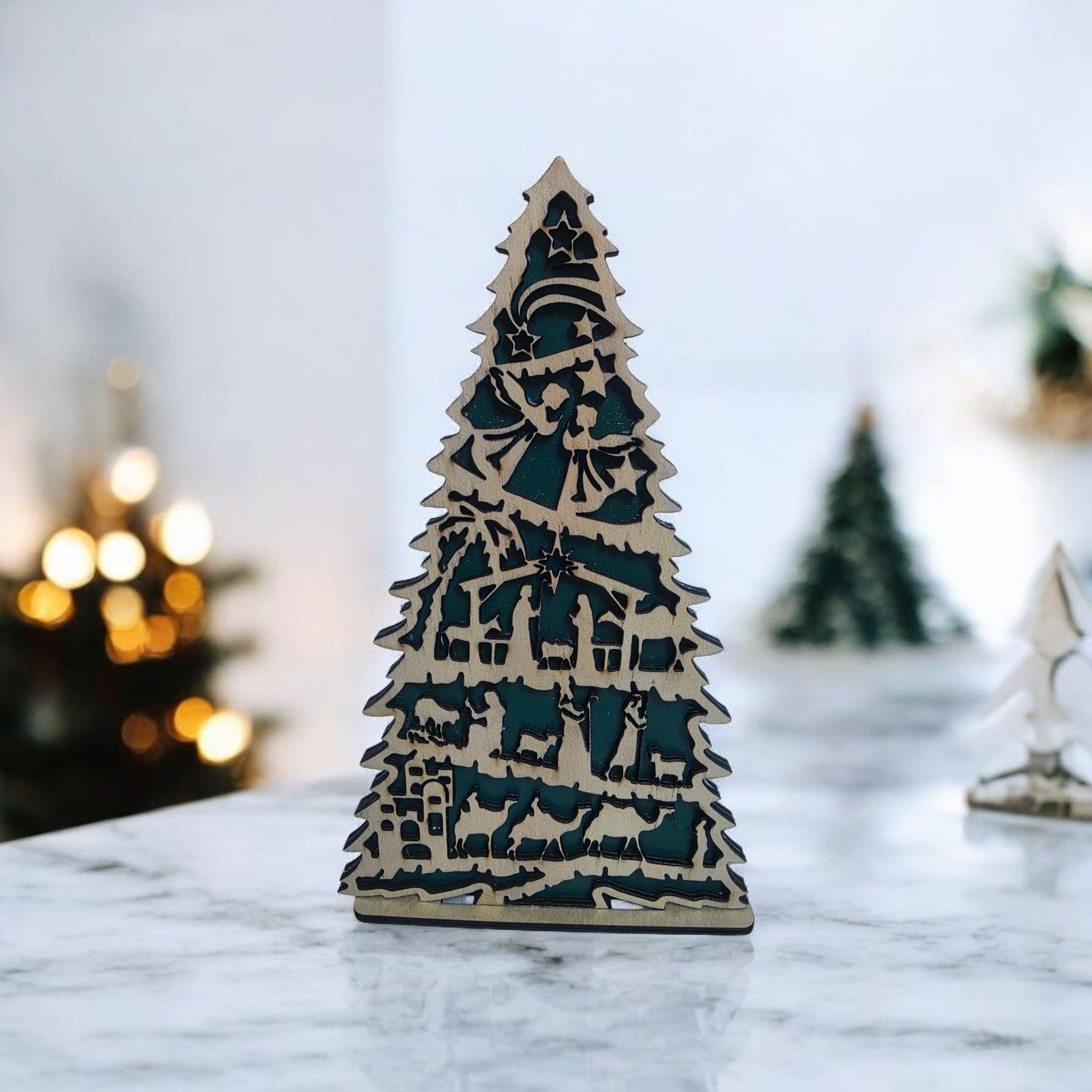 3D Wood Nativity Scene Christmas Tree Decor, Layered Laser Cut