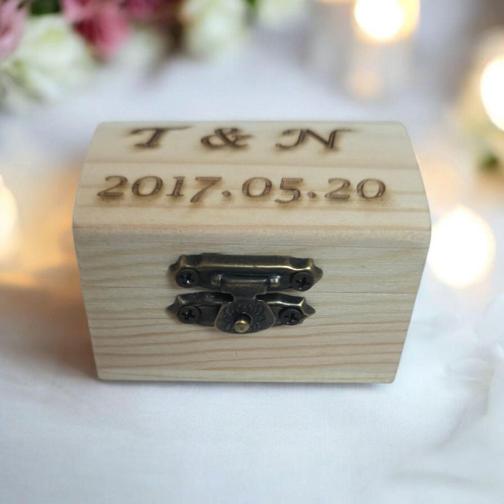 Personalized Wood Ring Box, Custom Engraved Initials & Date, Rustic Wedding Keepsake