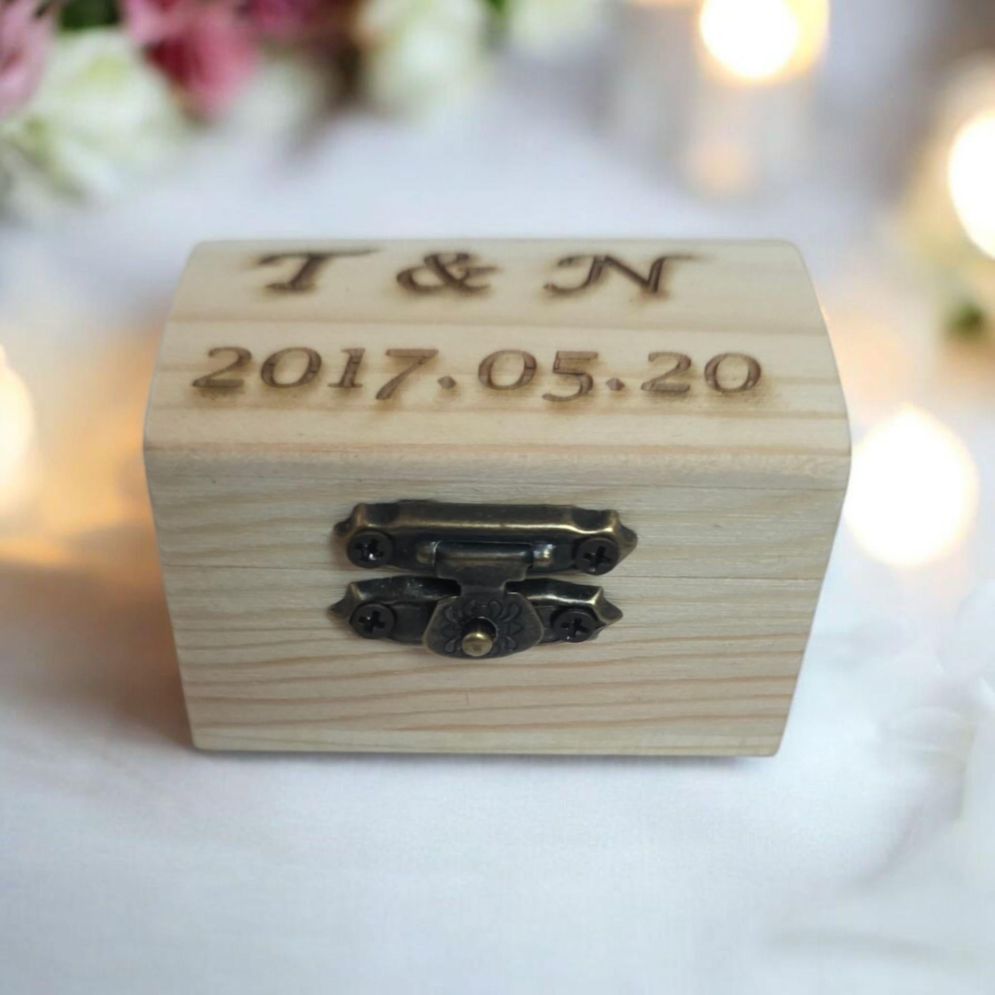 Personalized Wood Ring Box, Custom Engraved Initials & Date, Rustic Wedding Keepsake