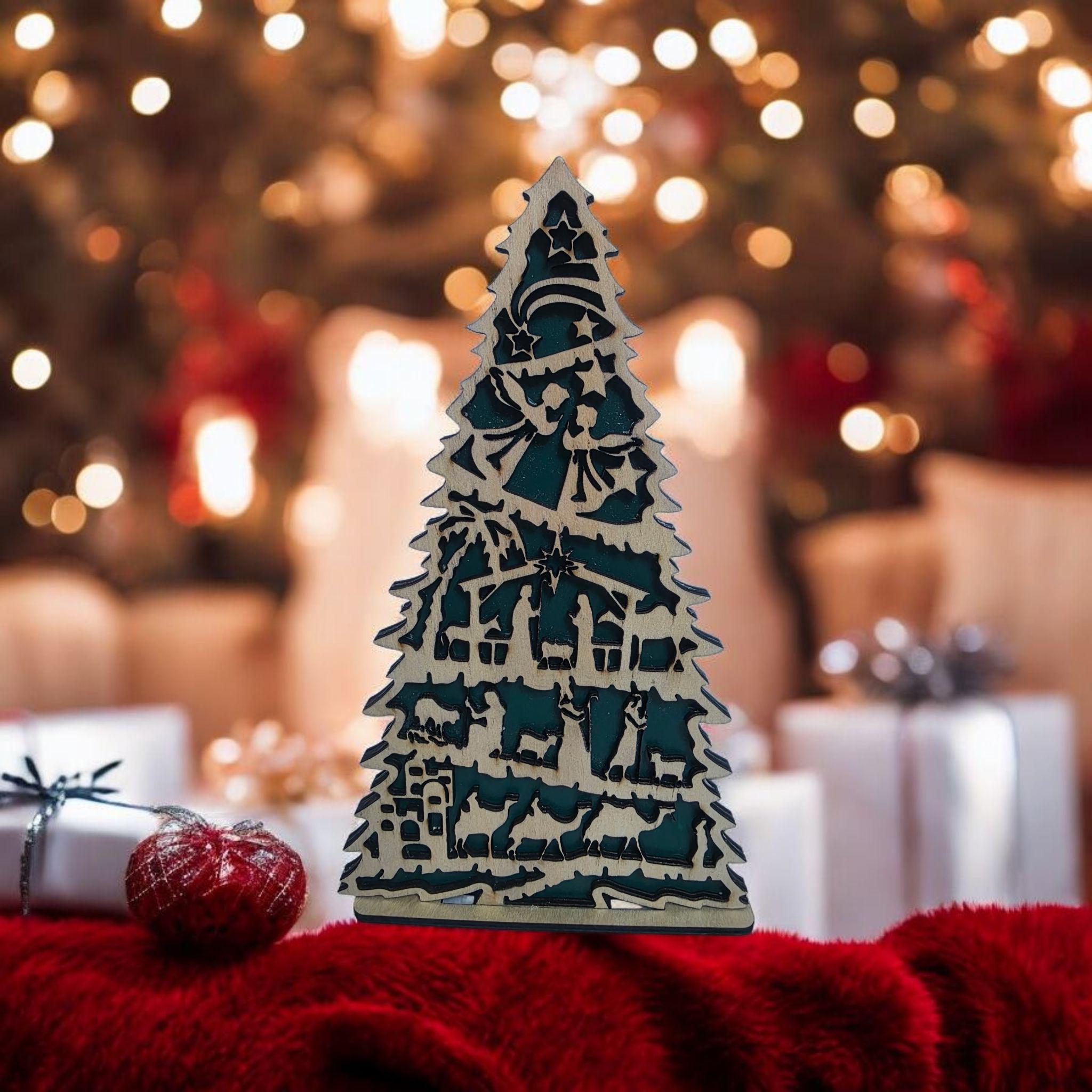 3D Wood Nativity Scene Christmas Tree Decor, Layered Laser Cut