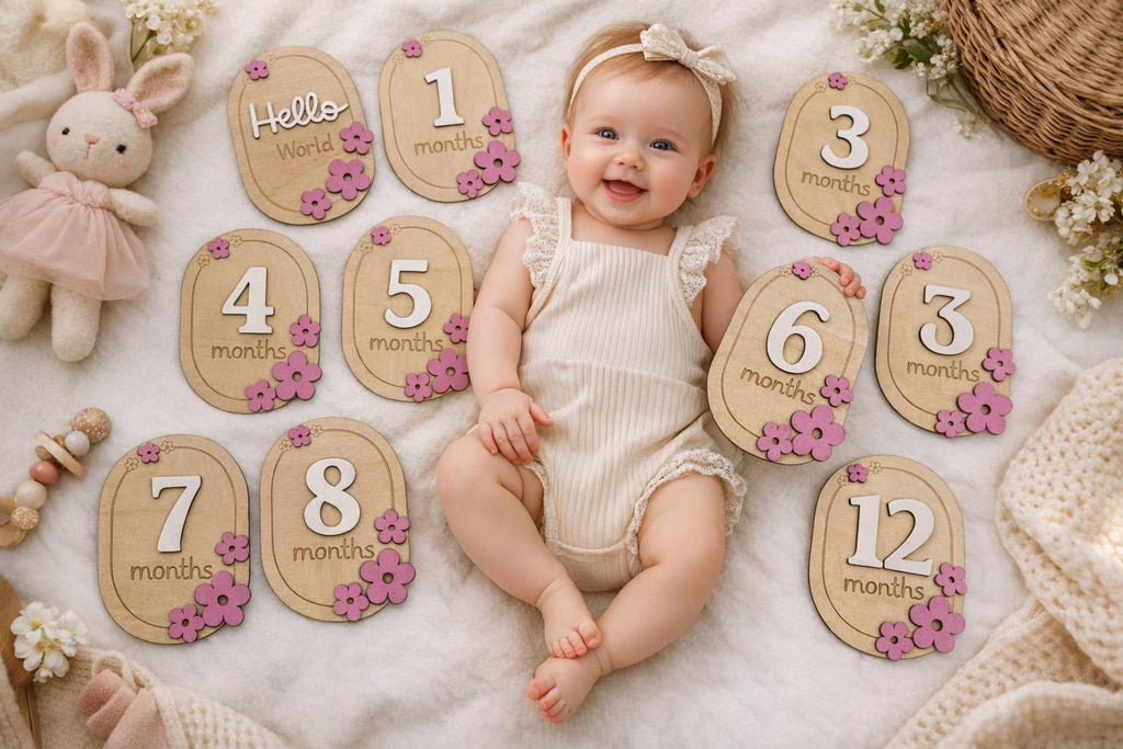 Floral Baby Milestone Plaques, Newborn Photo Prop Set