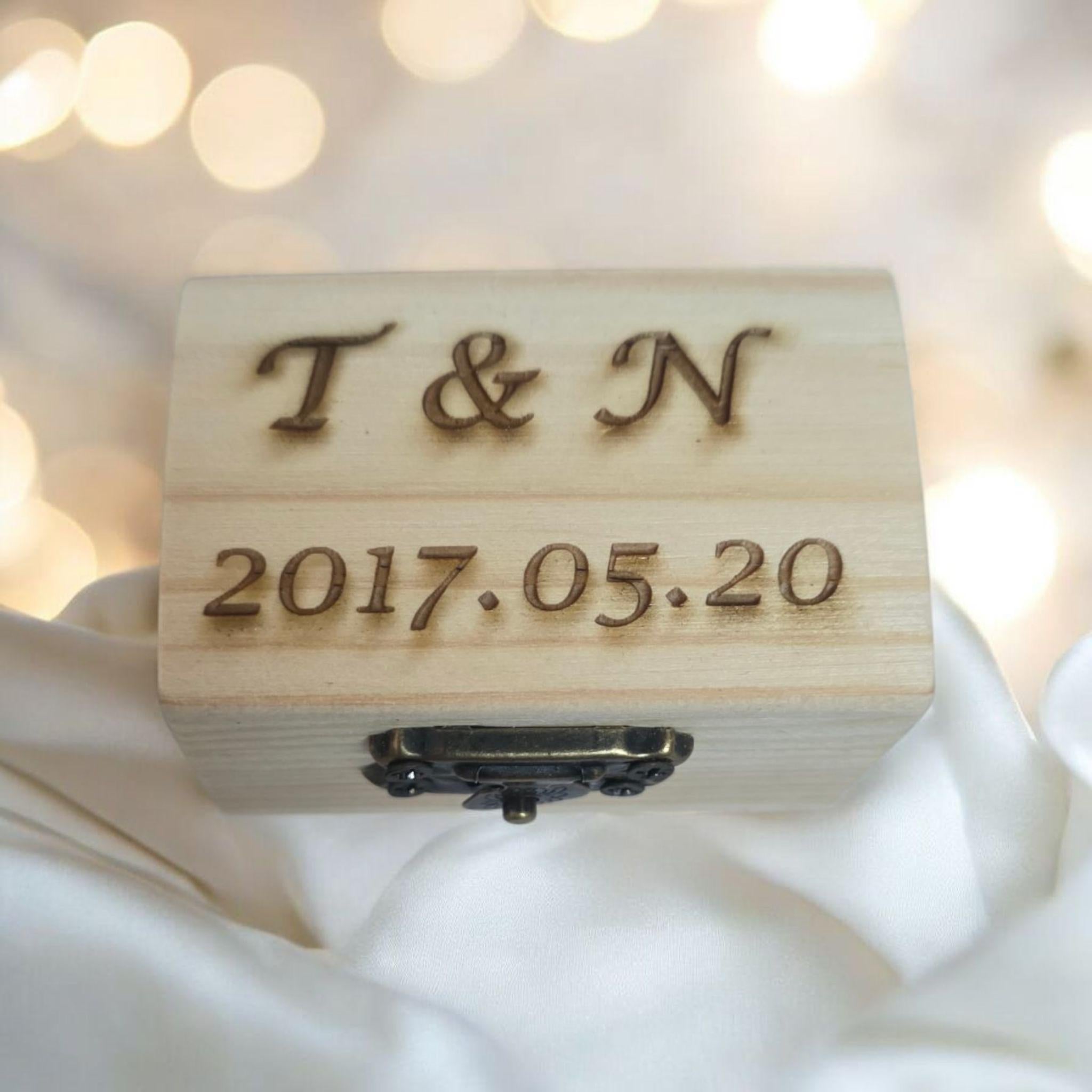 Personalized Wood Ring Box, Custom Engraved Initials & Date, Rustic Wedding Keepsake