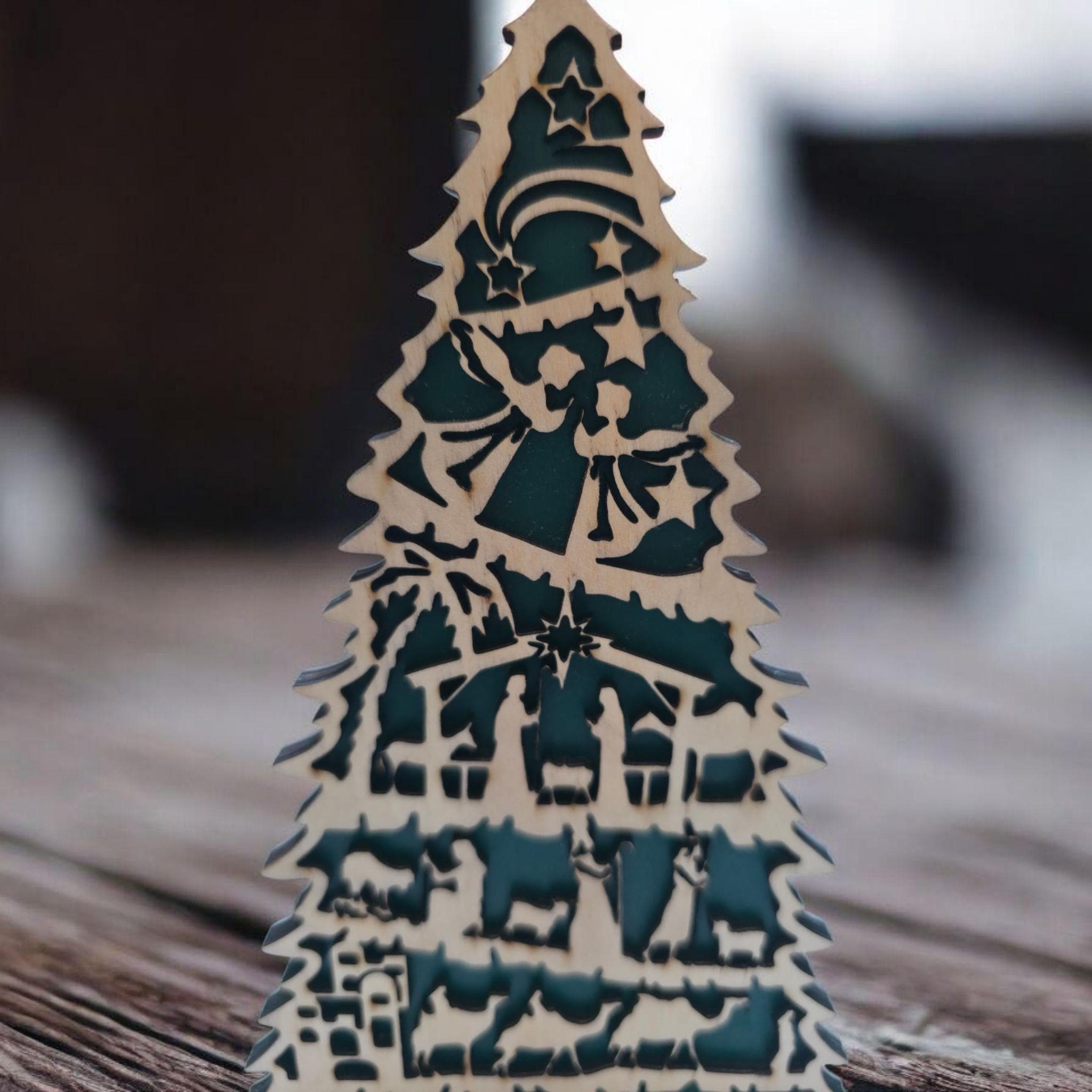 3D Wood Nativity Scene Christmas Tree Decor, Layered Laser Cut