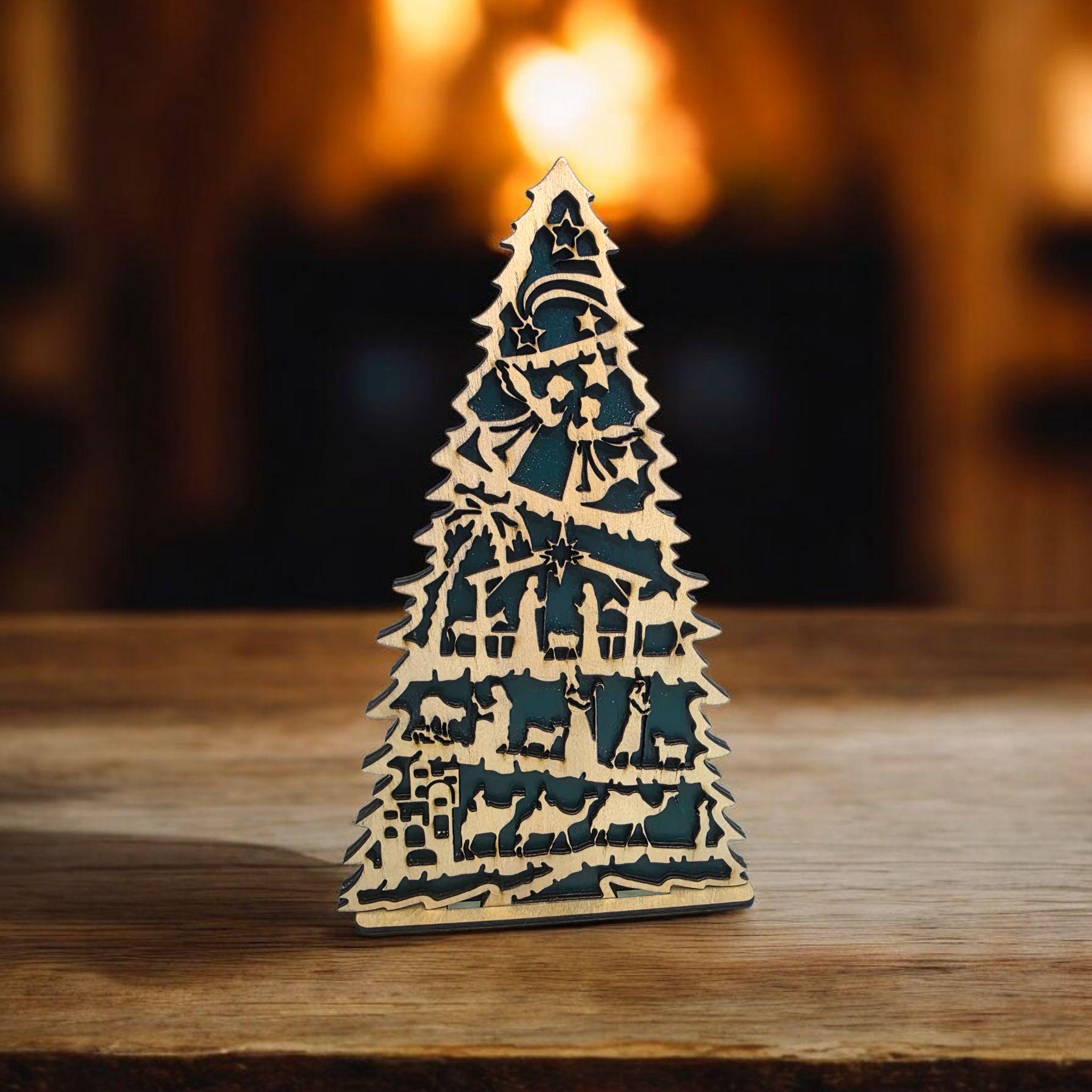 3D Wood Nativity Scene Christmas Tree Decor, Layered Laser Cut